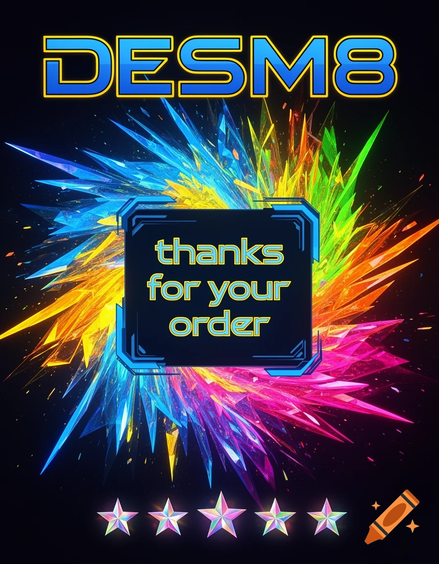 Vibrant digital art with 'DESM8' logo, 'thanks for your order' text, exploding neon shards, and five iridescent stars.