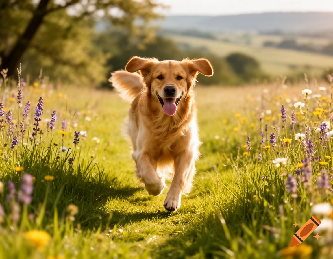 A photorealistic golden retriever happily runs through a sunny meadow filled with purple and yellow wildflowers.