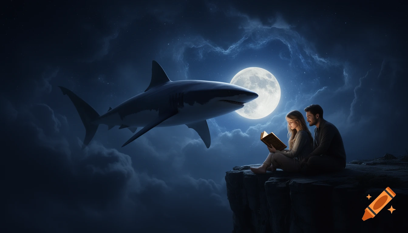 A giant shark swims through a dreamy night sky with a full moon, while a couple reads a glowing book on a cliff.