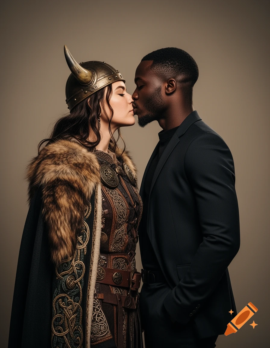 A photorealistic portrait of a woman in Viking attire and a man in a suit leaning in for a kiss on a plain background.