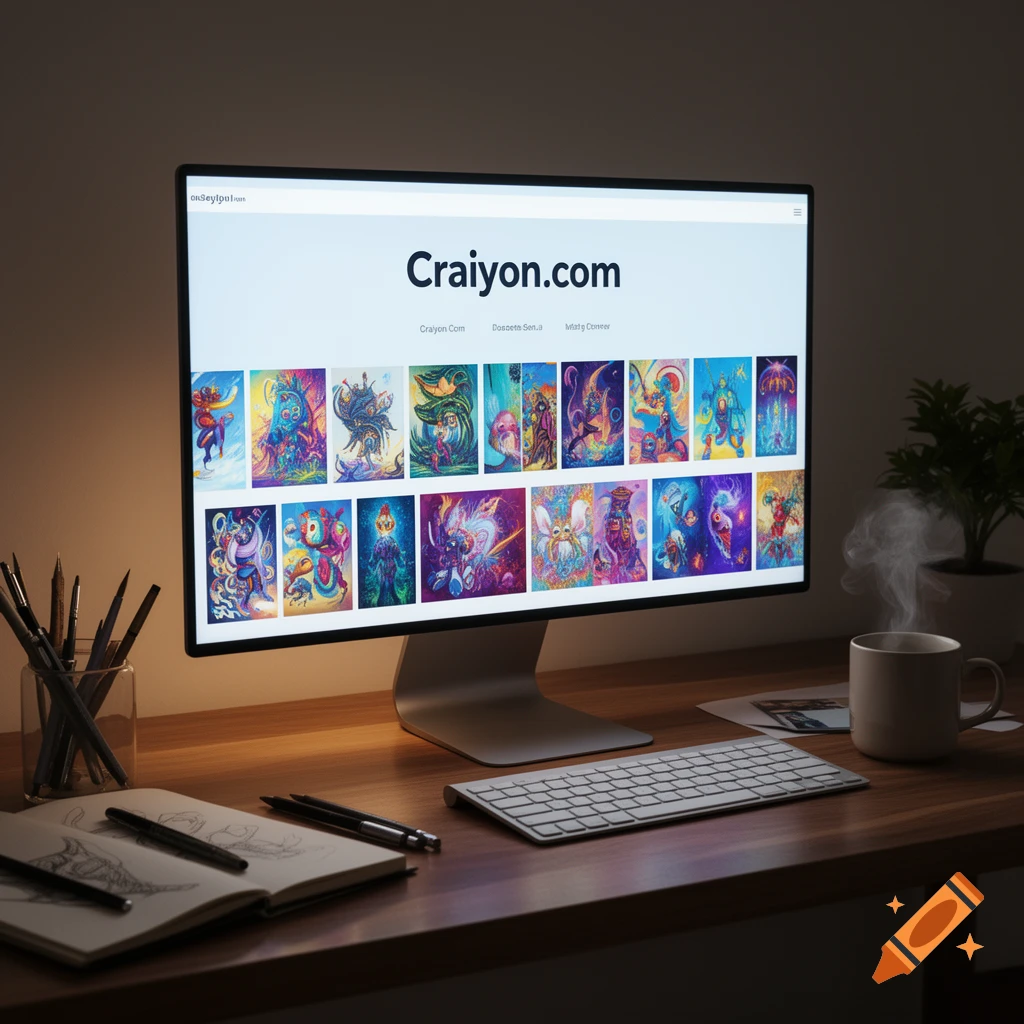 A close-up of a computer monitor displaying the Craiyon.com website, surrounded by a desk with pens, a notebook, and a steaming mug.
