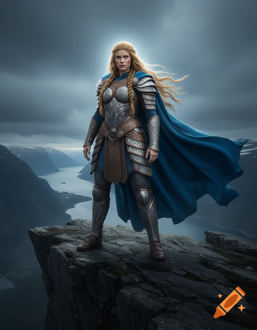 A female warrior in elaborate silver and gold armor and a blue cape stands on a rocky cliff overlooking a vast fjord under a cloudy sky.
