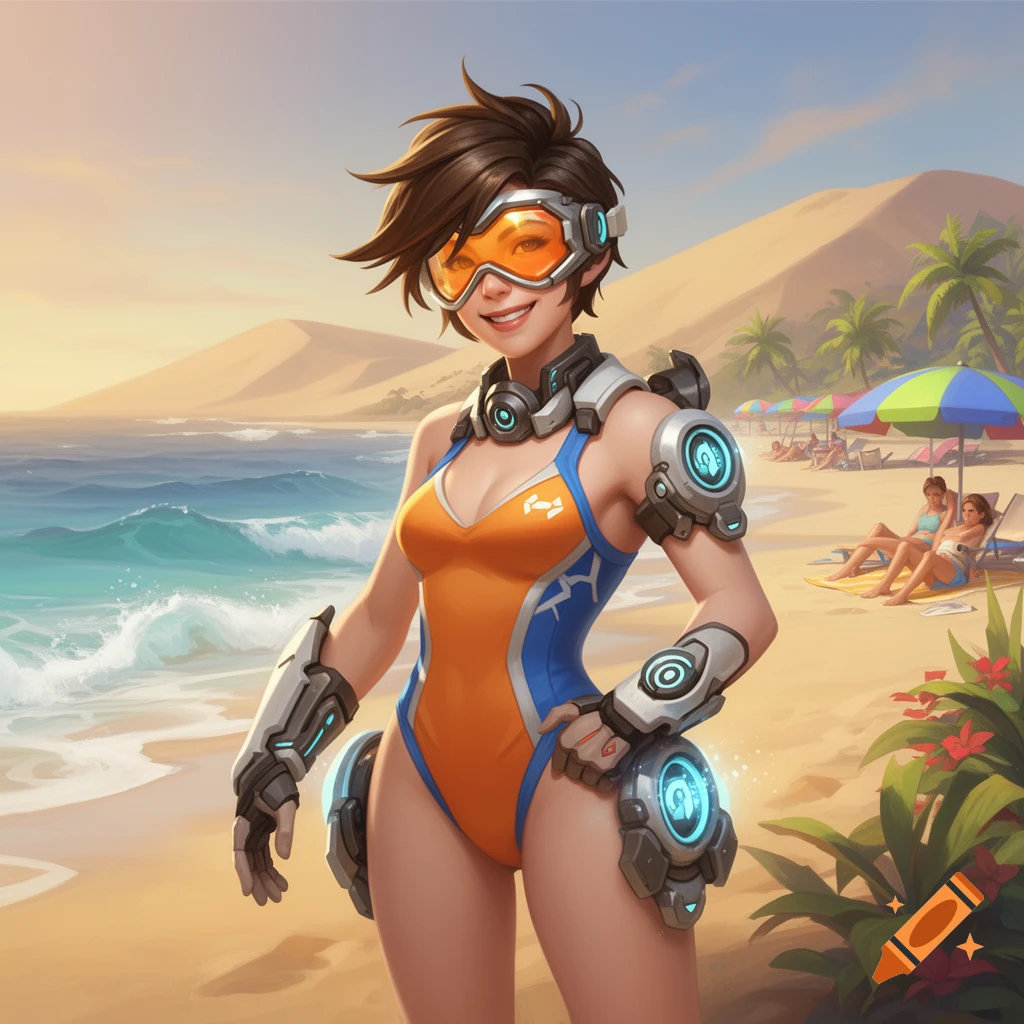 An anime-style depiction of Tracer from Overwatch in a one-piece swimsuit and goggles, smiling on a sunny beach with waves and distant palm trees.