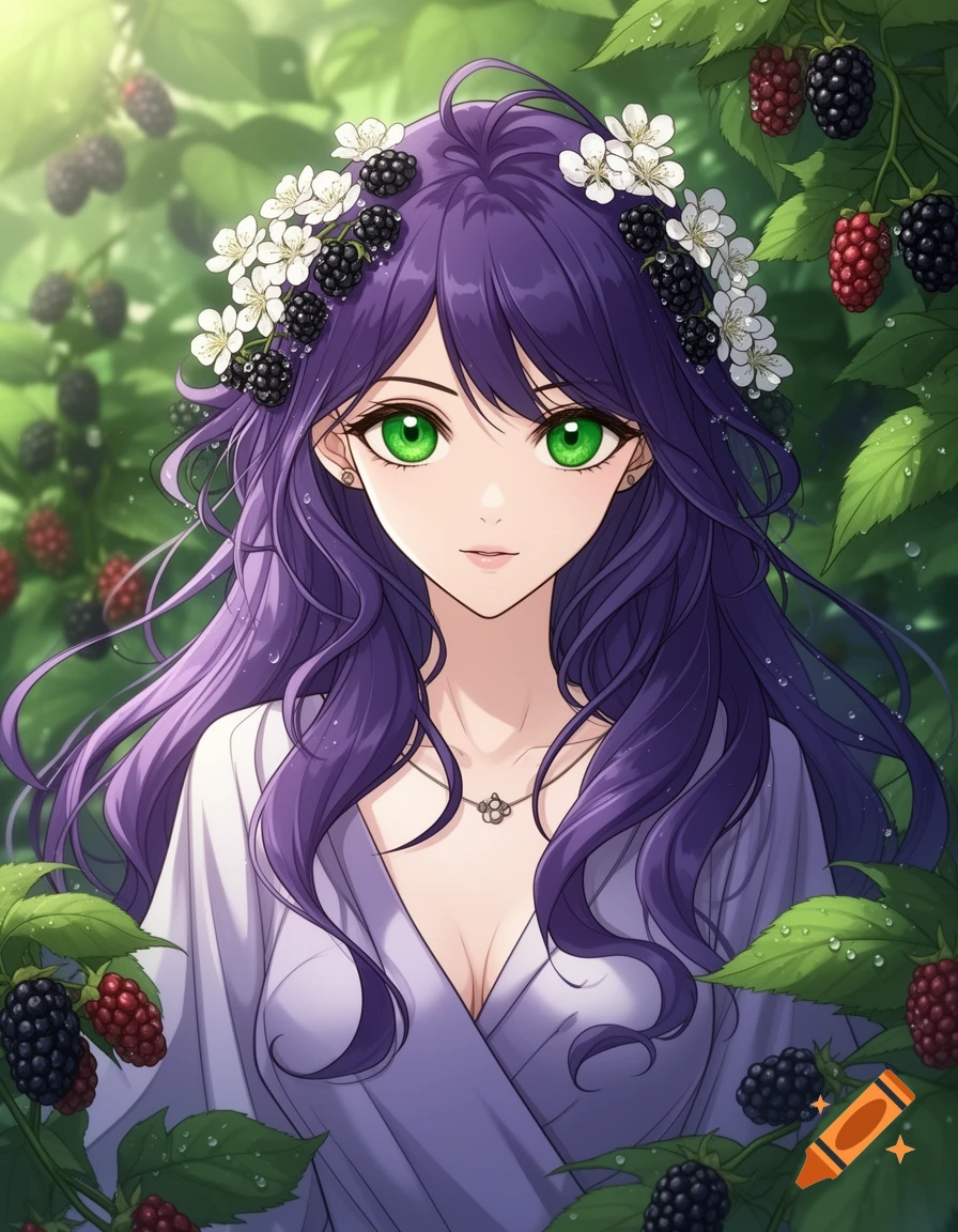 Anime girl with long purple hair, green eyes, and a flower crown with blackberries, surrounded by a blackberry bush.