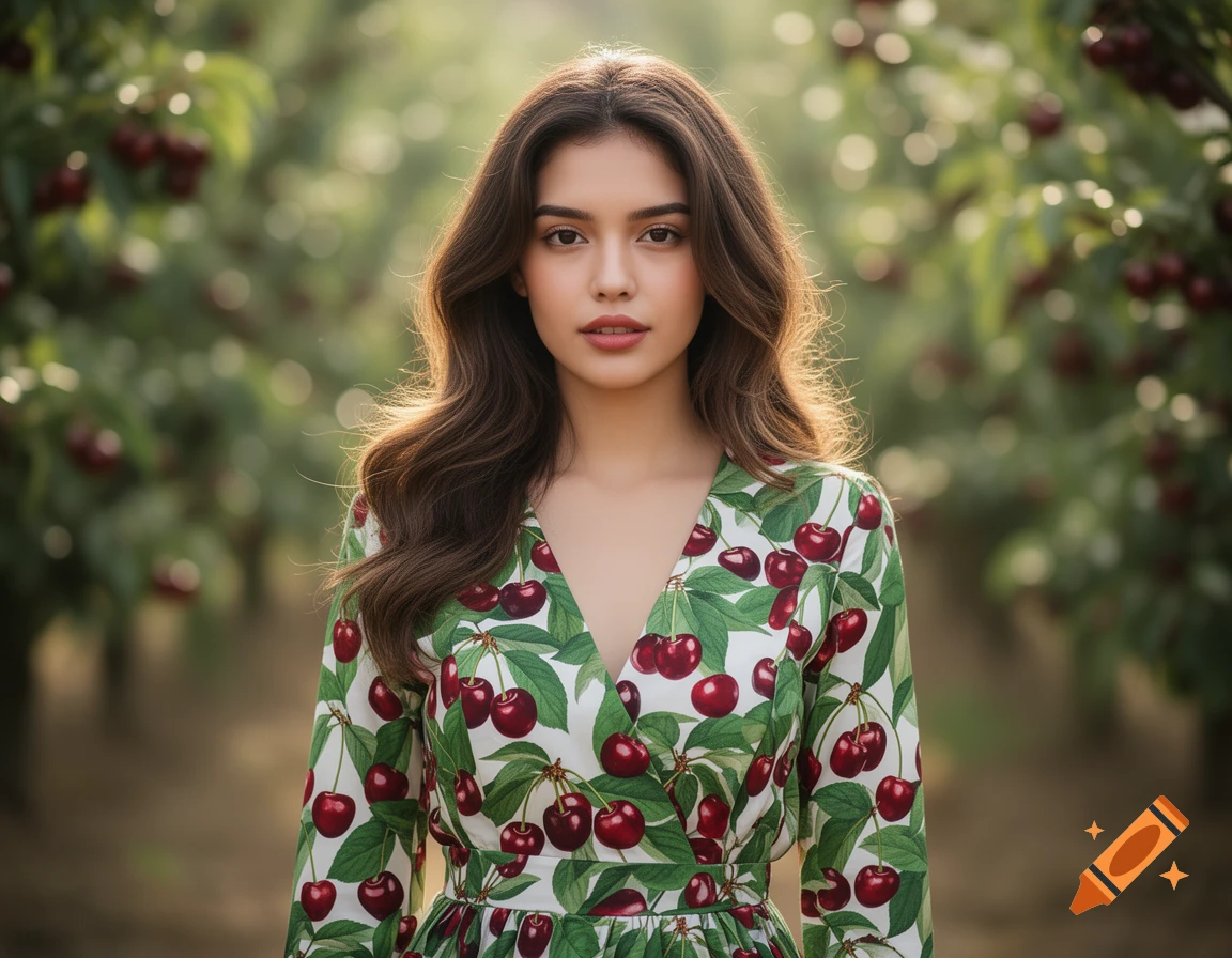 A photorealistic portrait of a woman with long brown hair, wearing a cherry-patterned dress, standing in a blurry orchard.