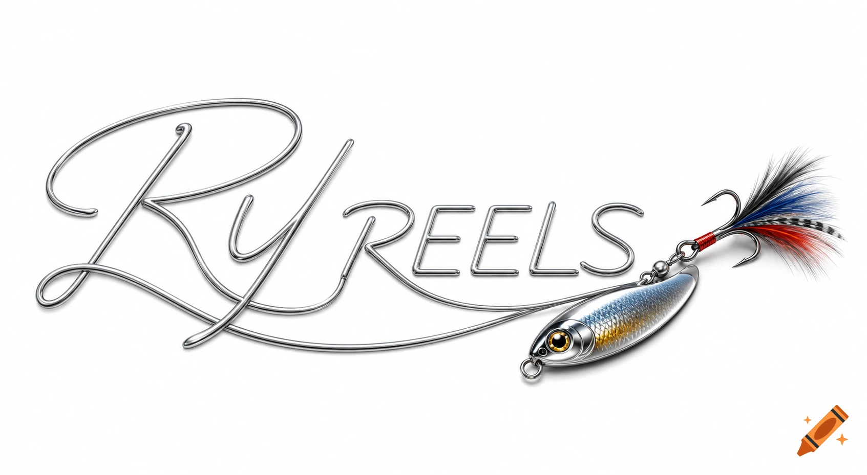 Metallic silver 'RY REELS' logo made of wire with a detailed fishing lure and feathered hook.