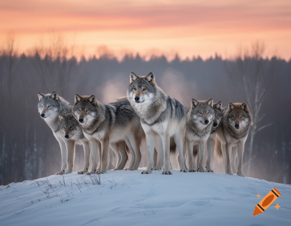 A pack of gray wolves stands on a snow-covered hill with a forest and a pink sunset sky in the background.