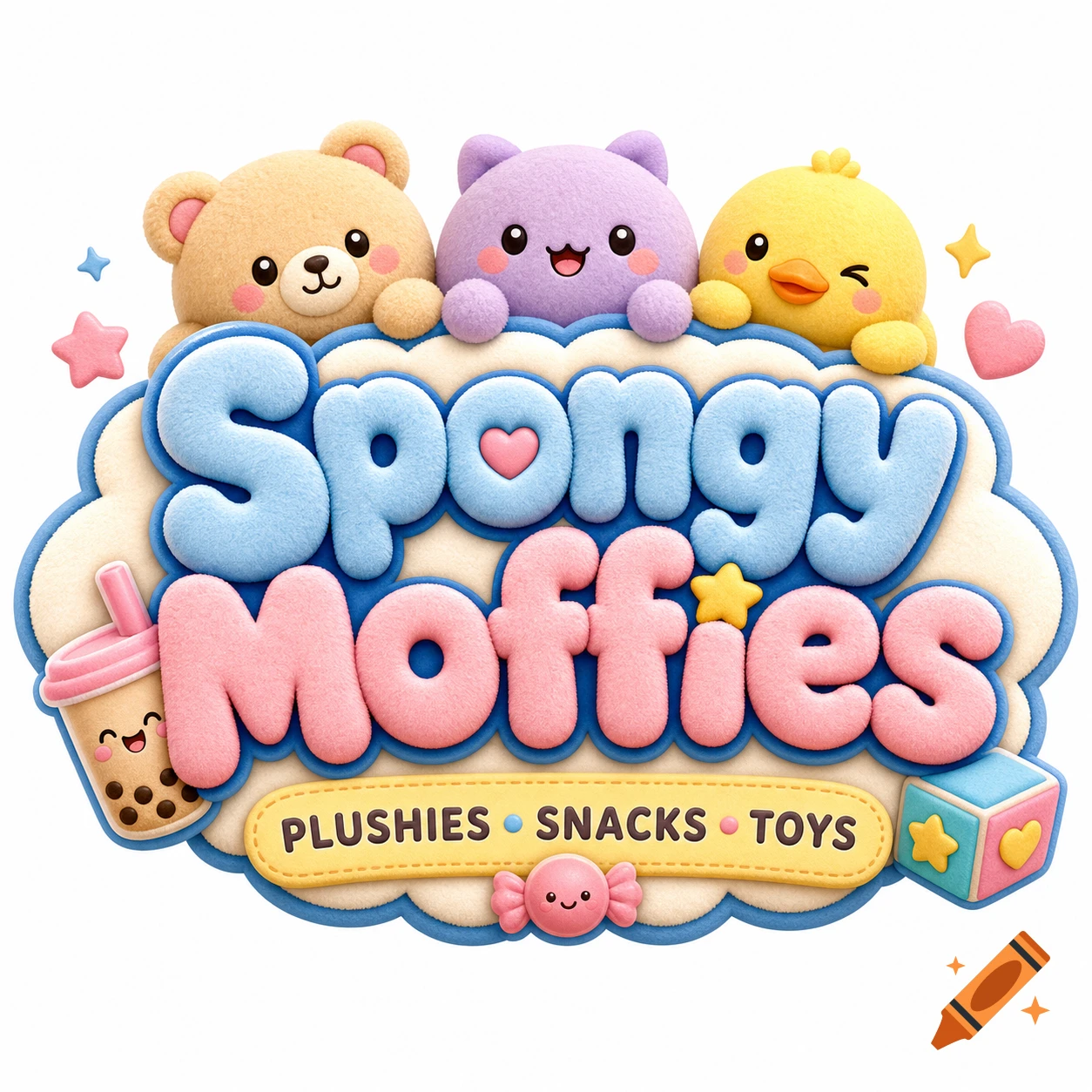 Colorful logo featuring plushie characters and textured text 'Spongy Moffies' with labels 'Plushies, Snacks, Toys'.