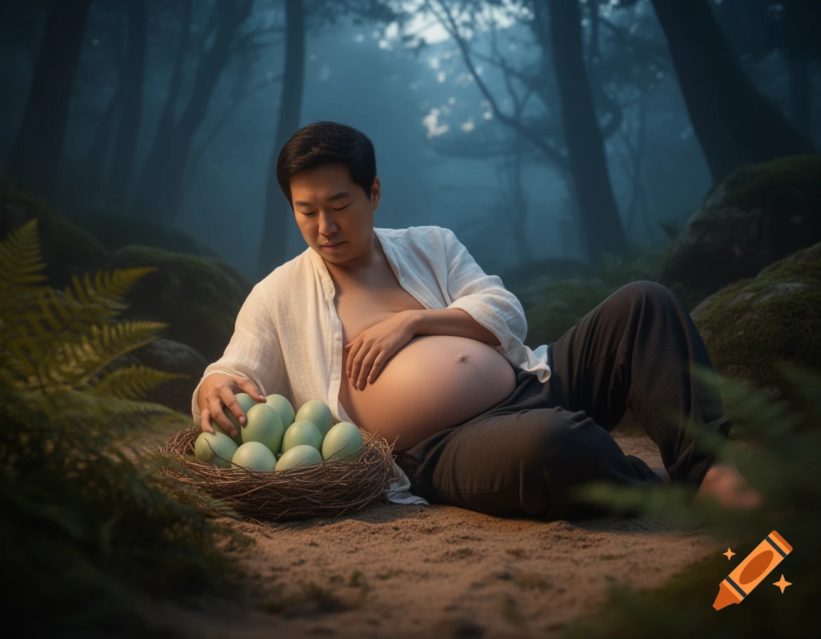 A pregnant man with a bare belly, holding light green eggs in a nest, lies on sand in a misty forest.