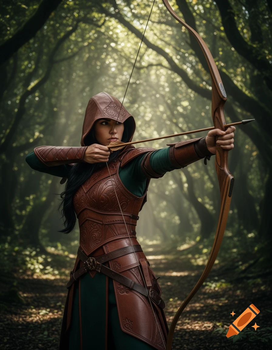 A photorealistic female archer in brown leather armor and hood draws a bow and arrow on a sunlit forest path.