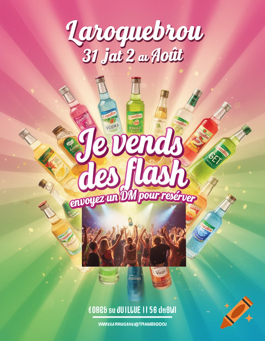 A vibrant party advertisement poster featuring numerous colorful mini-bottles of 'Cristalline' drinks surrounding a lively concert crowd, with text promoting a Laroquebrou event.