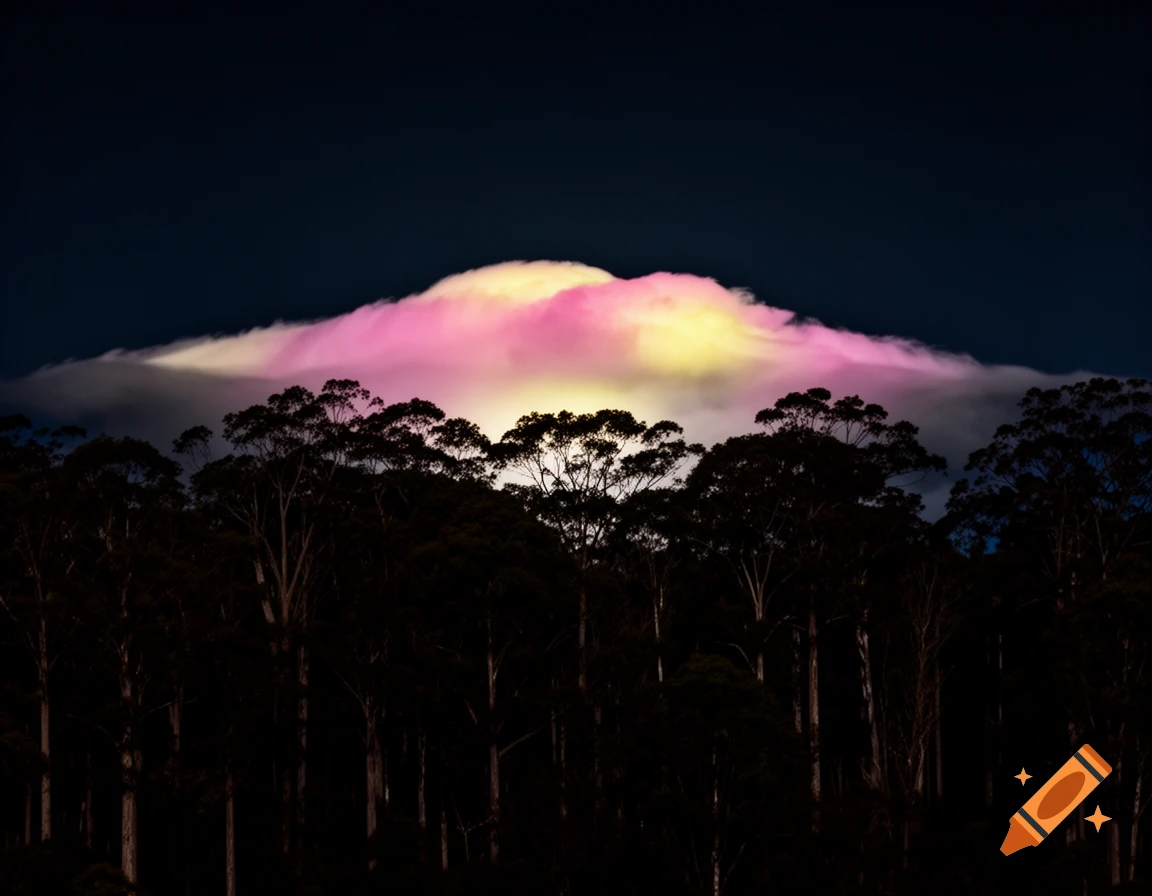 Silhouetted trees against a dark night sky, with a vibrant pink and yellow cloud formation glowing above the treetops.