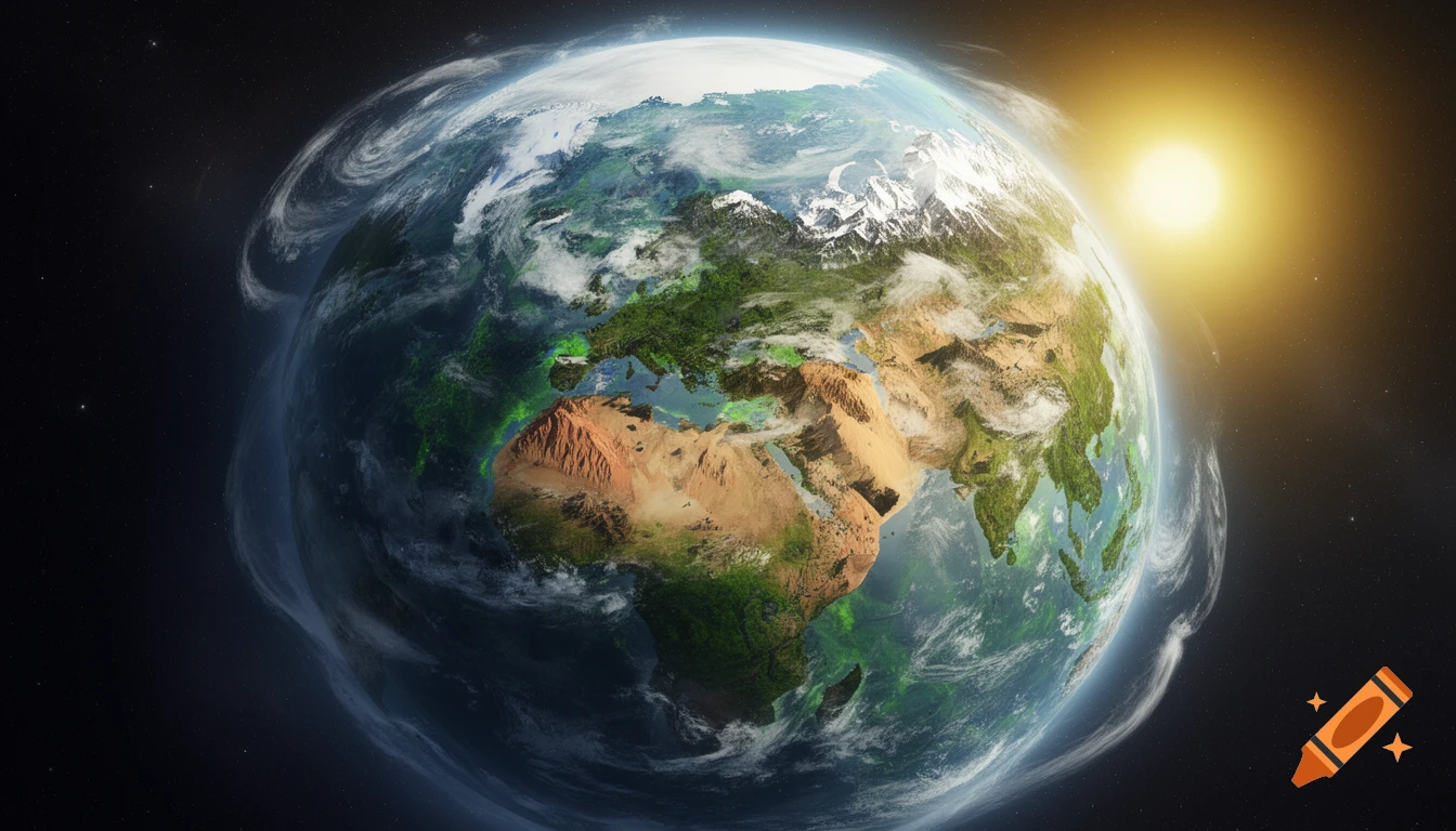 Photorealistic view of an Earth-like planet from space, showing continents, oceans, clouds, and diverse climates under a bright sun.