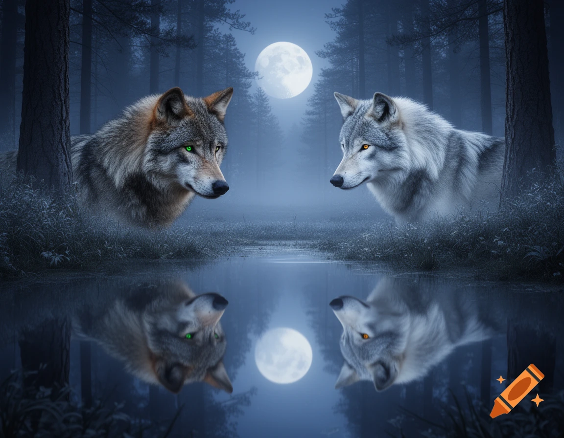 Two distinct wolves, one brown with green eyes, one grey with amber eyes, face each other over a reflective pond in a moonlit, misty forest.