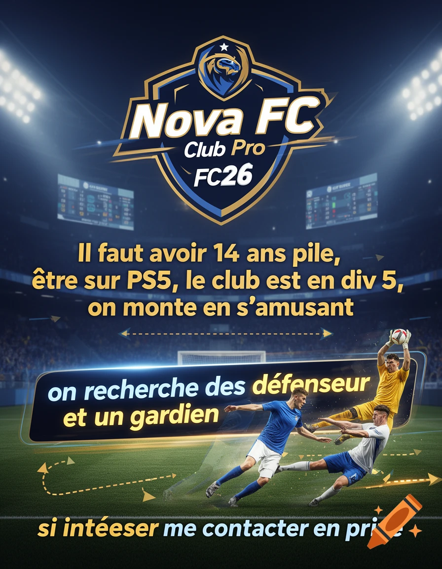 A stylized football club recruitment poster for "Nova FC Club Pro FC26," advertising for players aged 14+ on PS5, seeking defenders and a goalkeeper, with a contact message at the bottom. Three soccer players are in action on a field under stadium lights.