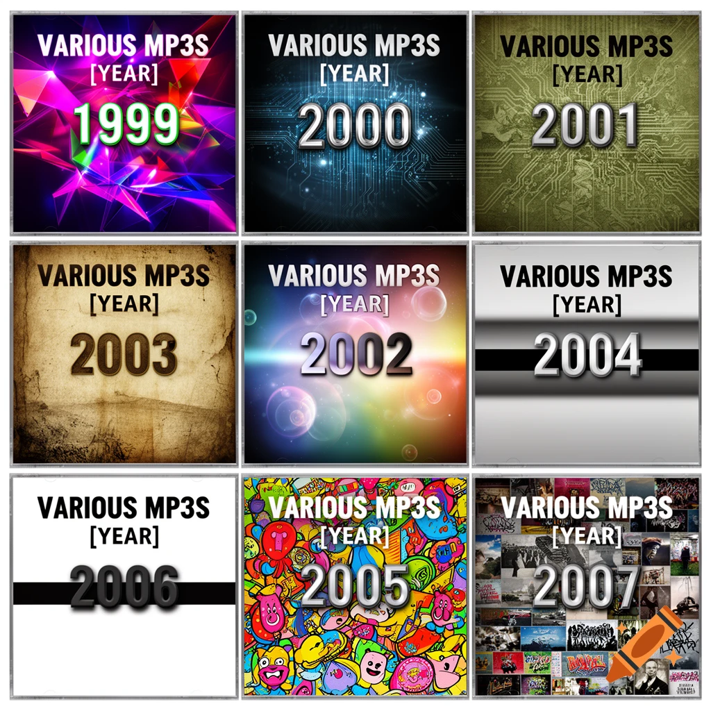 A grid of nine album covers, each with diverse styles, displaying 'Various MP3s' and a year from 1999 to 2007.
