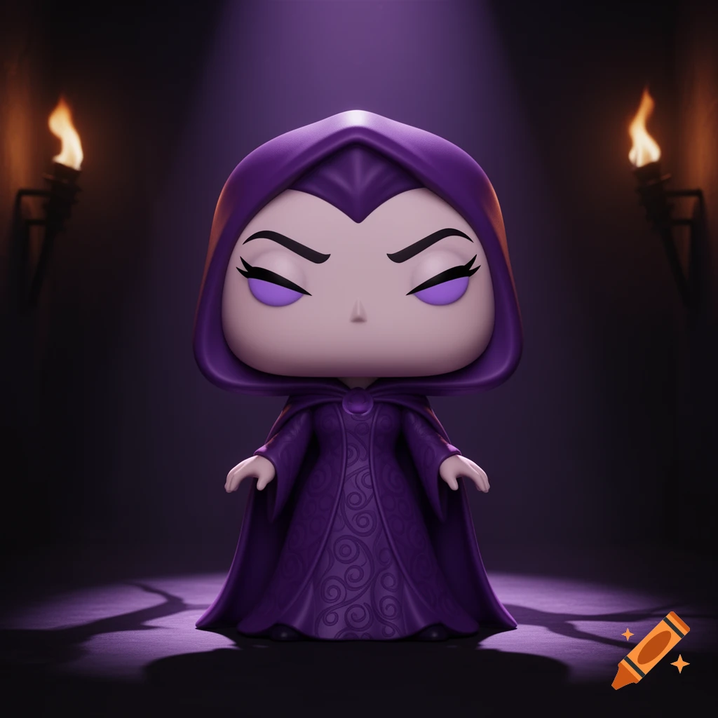 A stylized Funko Pop figure of a hooded female character in a purple cloak, standing in a spotlight with torches.