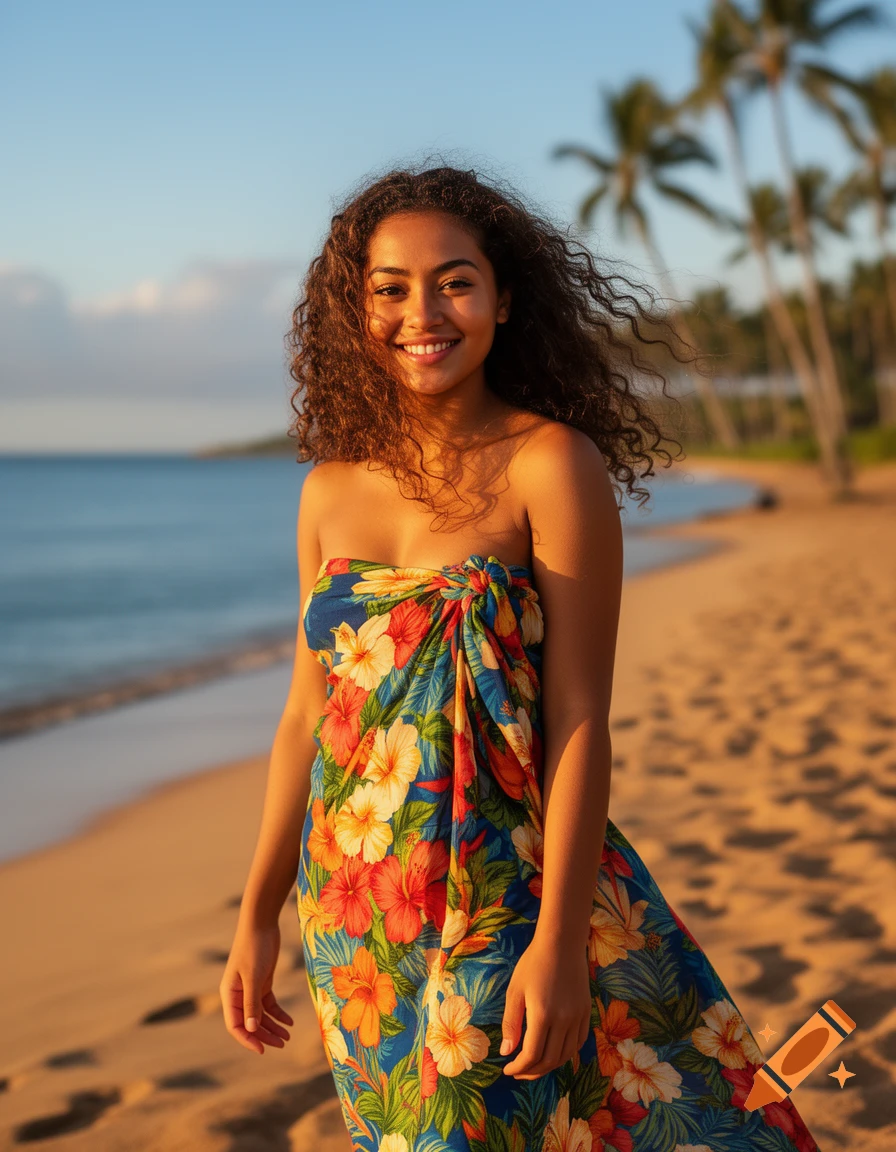 A smiling Hawaiian woman with curly hair on a sunny beach, wearing a strapless blue floral dress.
