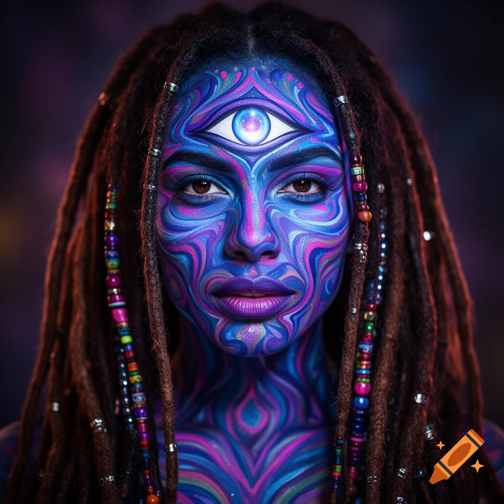 Close-up portrait of a woman with vibrant blue and purple psychedelic face paint, a third eye, and beaded dreadlocks.