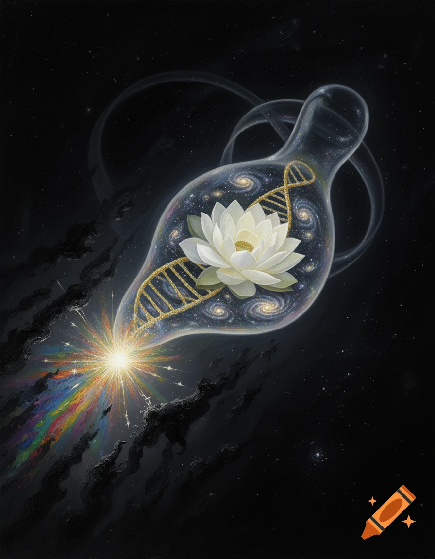 A glowing cell in deep cosmic void holds a white lotus interwoven with golden DNA and spiral galaxies, with a rainbow light spark.