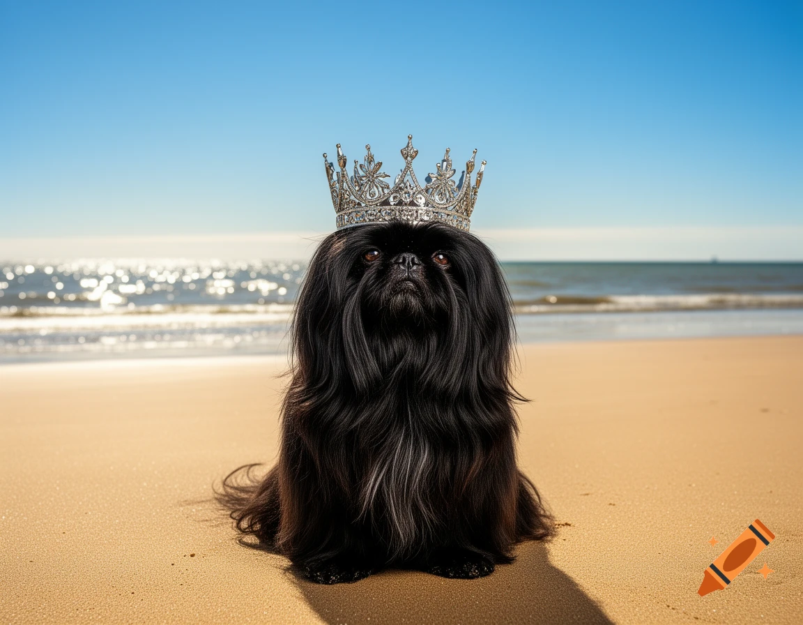 A fluffy black dog wearing an ornate silver crown sits majestically on a sunny beach, with the sparkling ocean in the background.