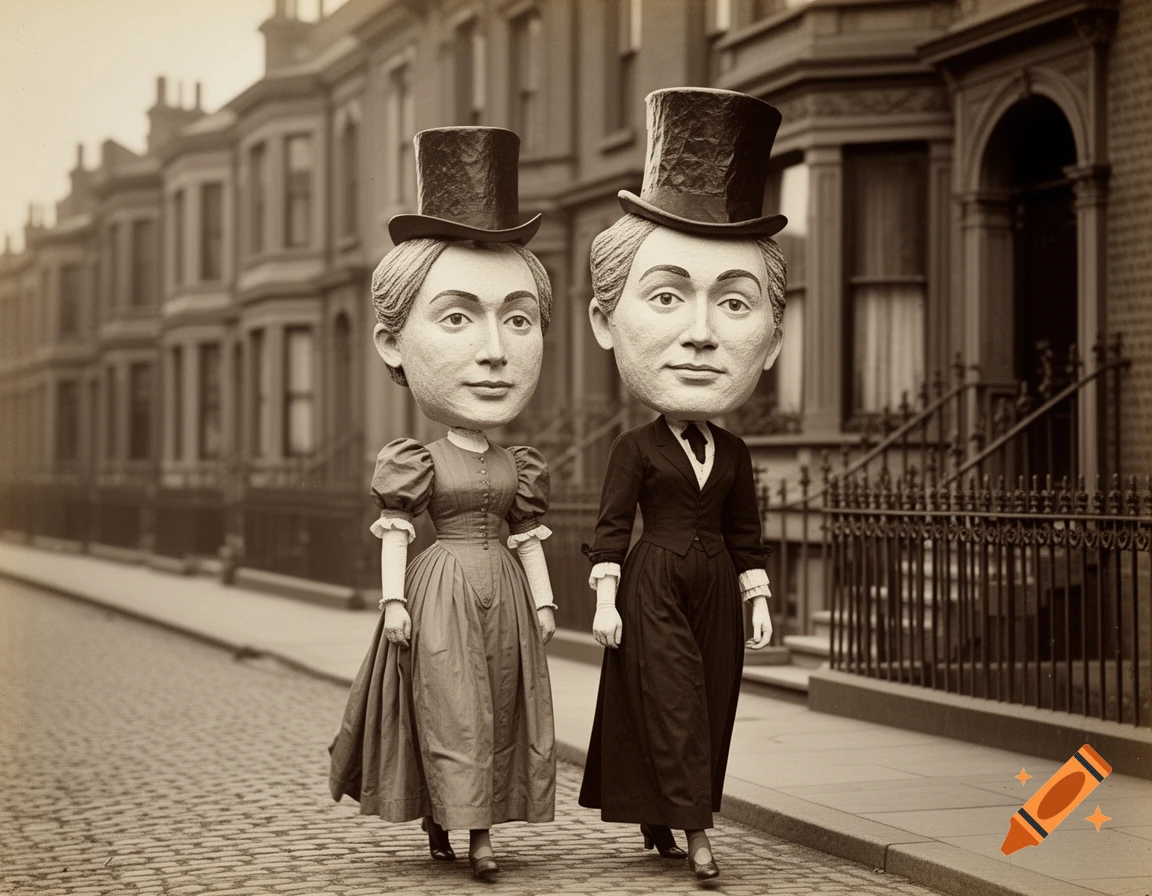 Two people with oversized papier-mâché heads walk down a sepia-toned Victorian cobblestone street.