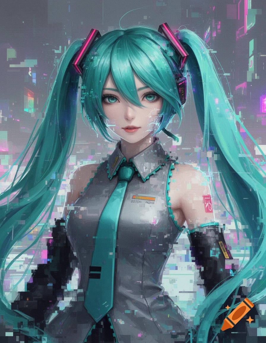 Close-up portrait of Hatsune Miku with teal hair and pigtails, depicted in a glitchy, pixelated, early AI generation style with a surreal, distorted aesthetic.
