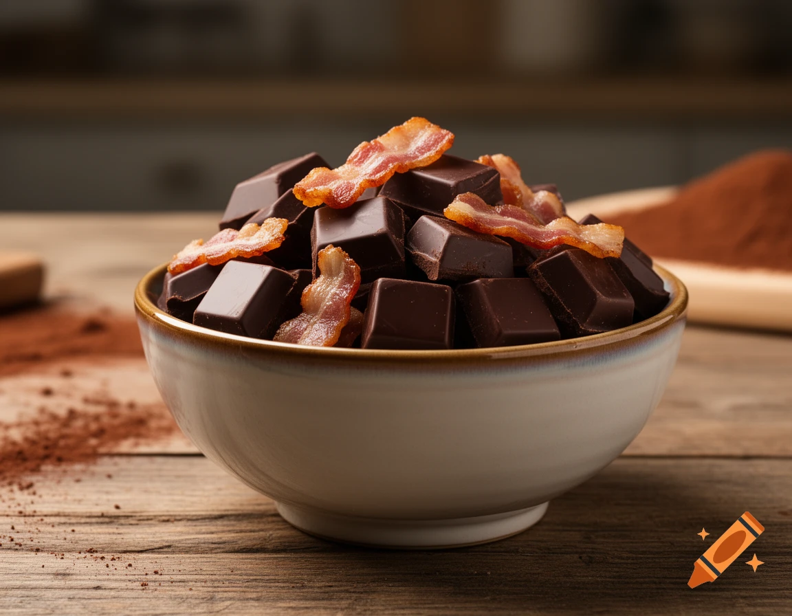 A ceramic bowl overflowing with dark chocolate squares and crispy bacon, on a wooden table with cocoa powder. Photorealistic.