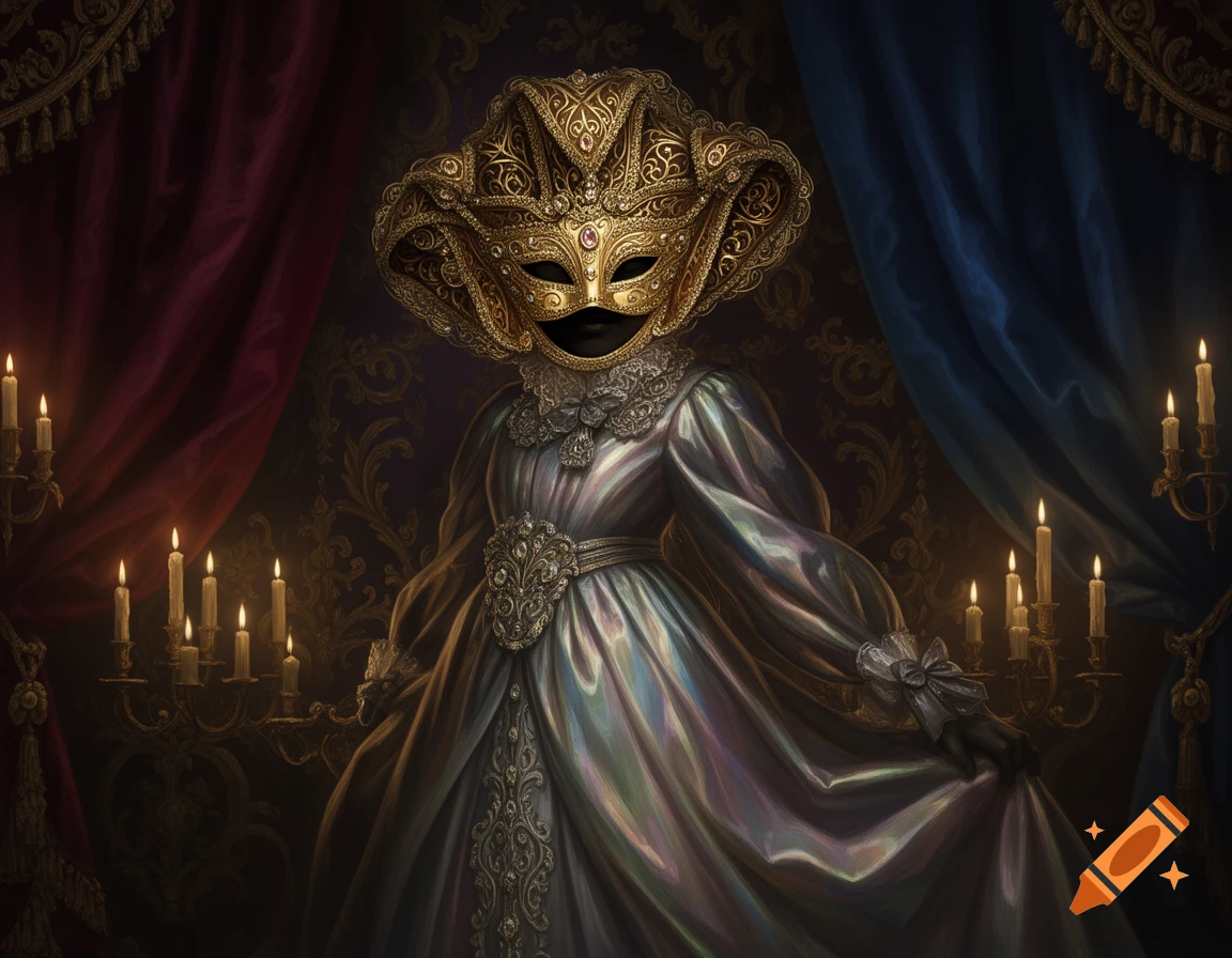 A figure in an elaborate iridescent gown and ornate golden Venetian mask stands in a dimly lit, opulent room with red and blue curtains and flickering candles.