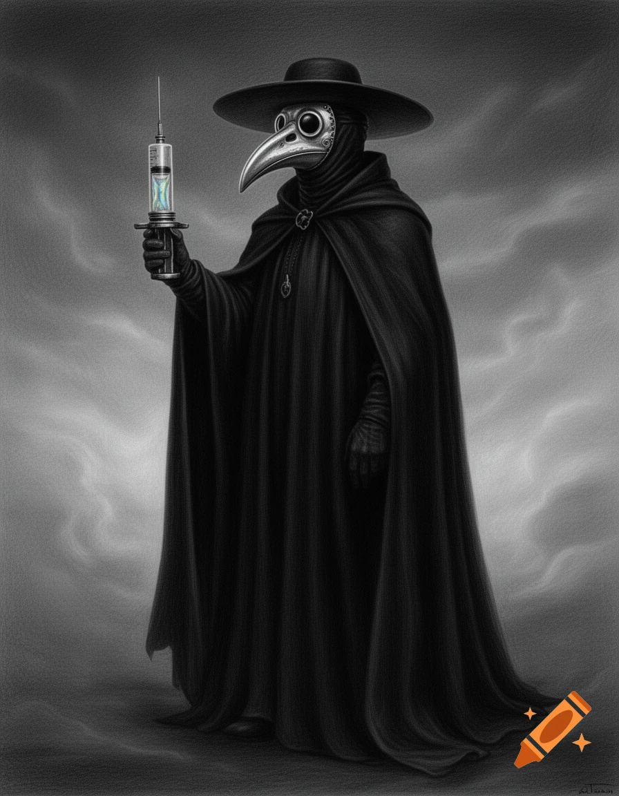 A monochrome drawing of a plague doctor in a black cloak, hat, and bird-like mask, holding a large syringe, against a textured gray background.