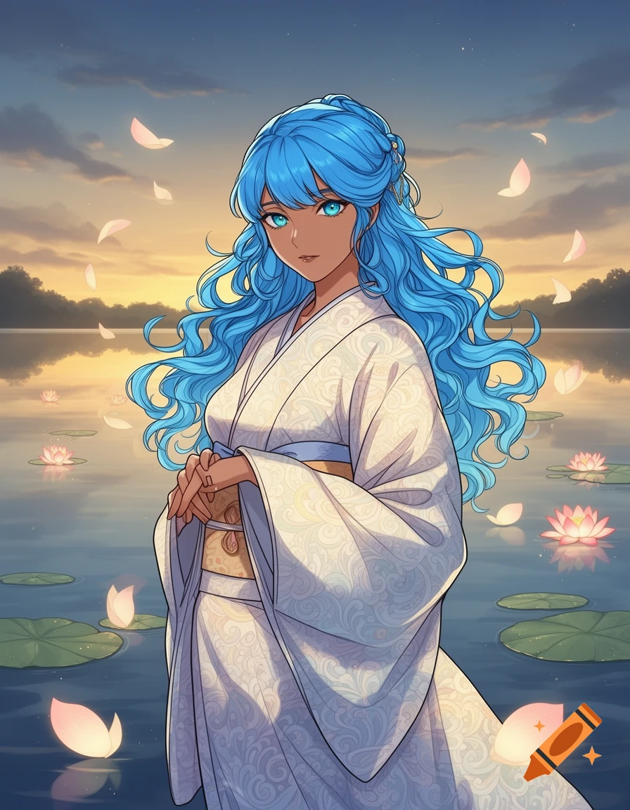 Anime woman with blue hair, tanned skin, and a white patterned kimono, standing by a lake with lotus flowers at sunset.