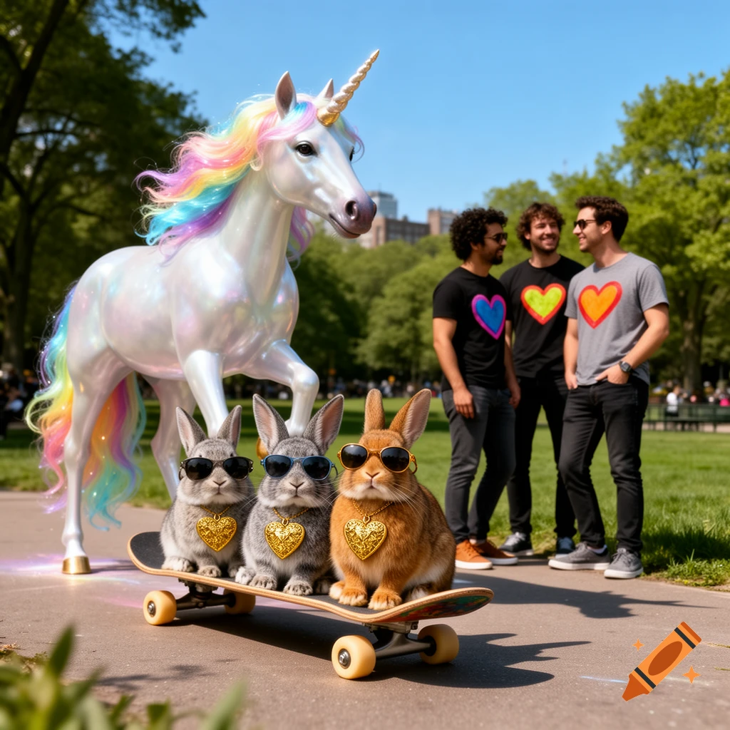 A shining iridescent unicorn with a rainbow mane and tail stands behind three rabbits in sunglasses on a skateboard, in a park with three men.