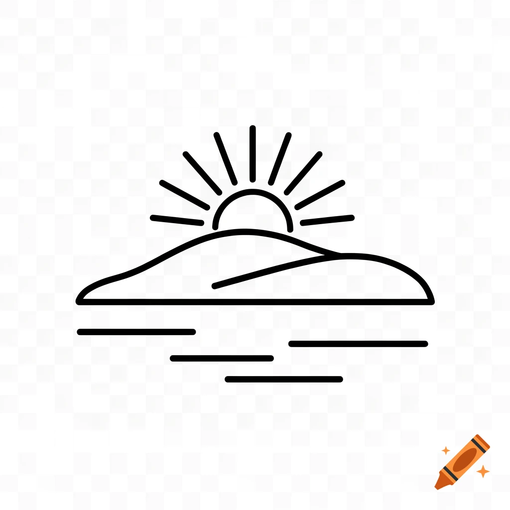 A minimalist line drawing icon depicting a sun rising over hills with water in the foreground, on a transparent background.