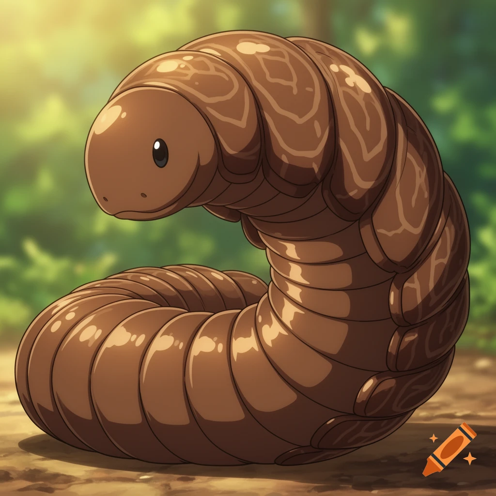 A cute, glossy brown segmented worm with small black eyes, curled on a forest floor with green foliage in the background, in an anime style.