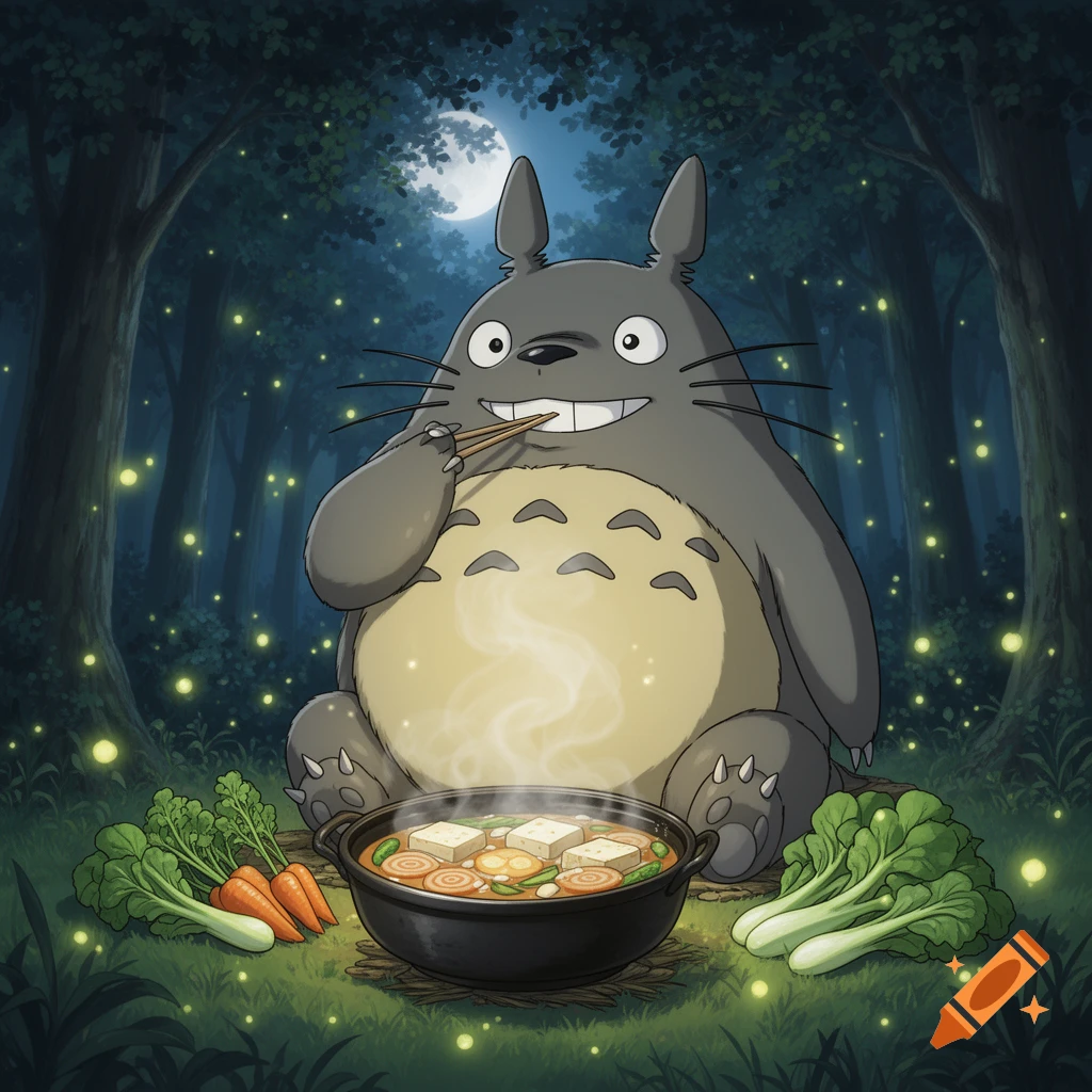 Totoro happily eats hot pot with chopsticks in a glowing forest at night, surrounded by vegetables and fireflies, in an anime style.