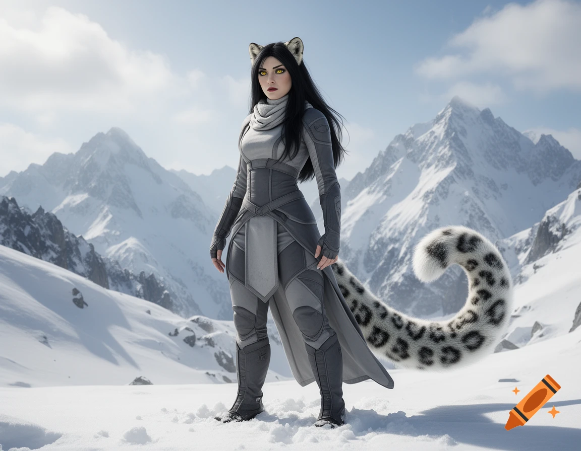 Female snow leopard demihuman with black hair and yellow eyes, wearing grey warm clothing, stands in a snowy mountain landscape. Photorealistic style.
