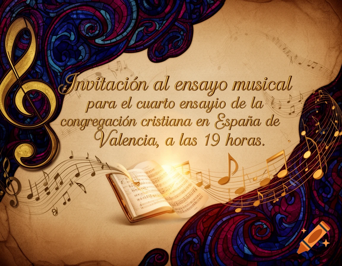 Vintage-style musical invitation with a golden treble clef, stained glass borders, an open sheet music book, and floating musical notes.