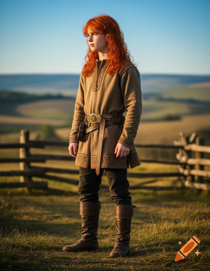 A red-haired youth in medieval attire stands in a grassy field with a wooden fence and rolling hills under a clear blue sky.