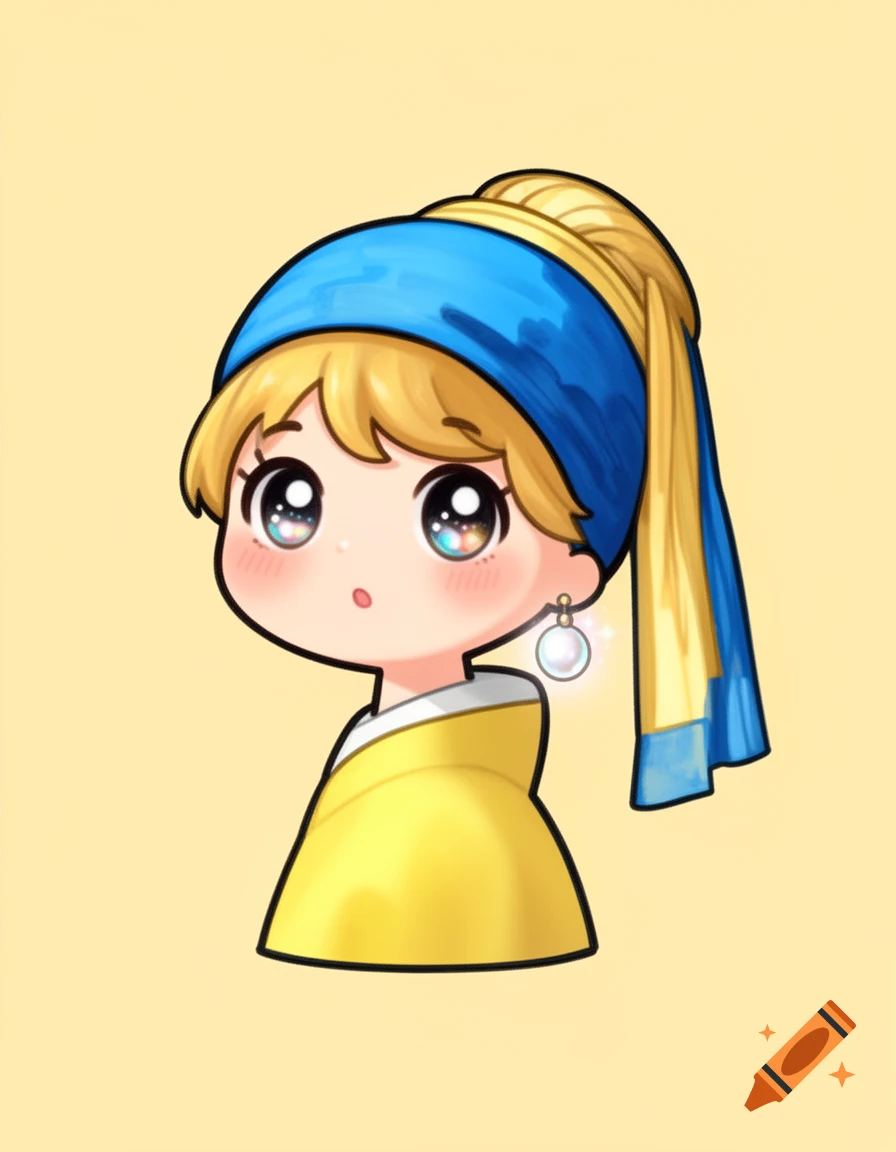 A cute, kawaii-style anime cartoon of a girl with blonde hair, a blue headscarf, a yellow tunic, and a pearl earring, on a plain background.