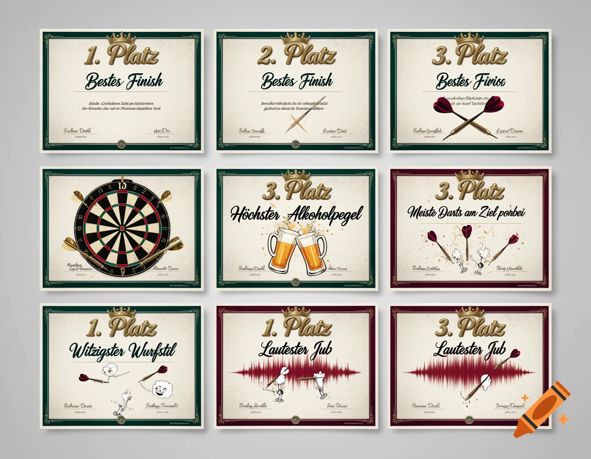 A grid of nine dart tournament certificates featuring titles like '1. Platz Bestes Finish' and 'Höchster Alkoholpegel', with illustrations of darts, beer mugs, and sound waves.