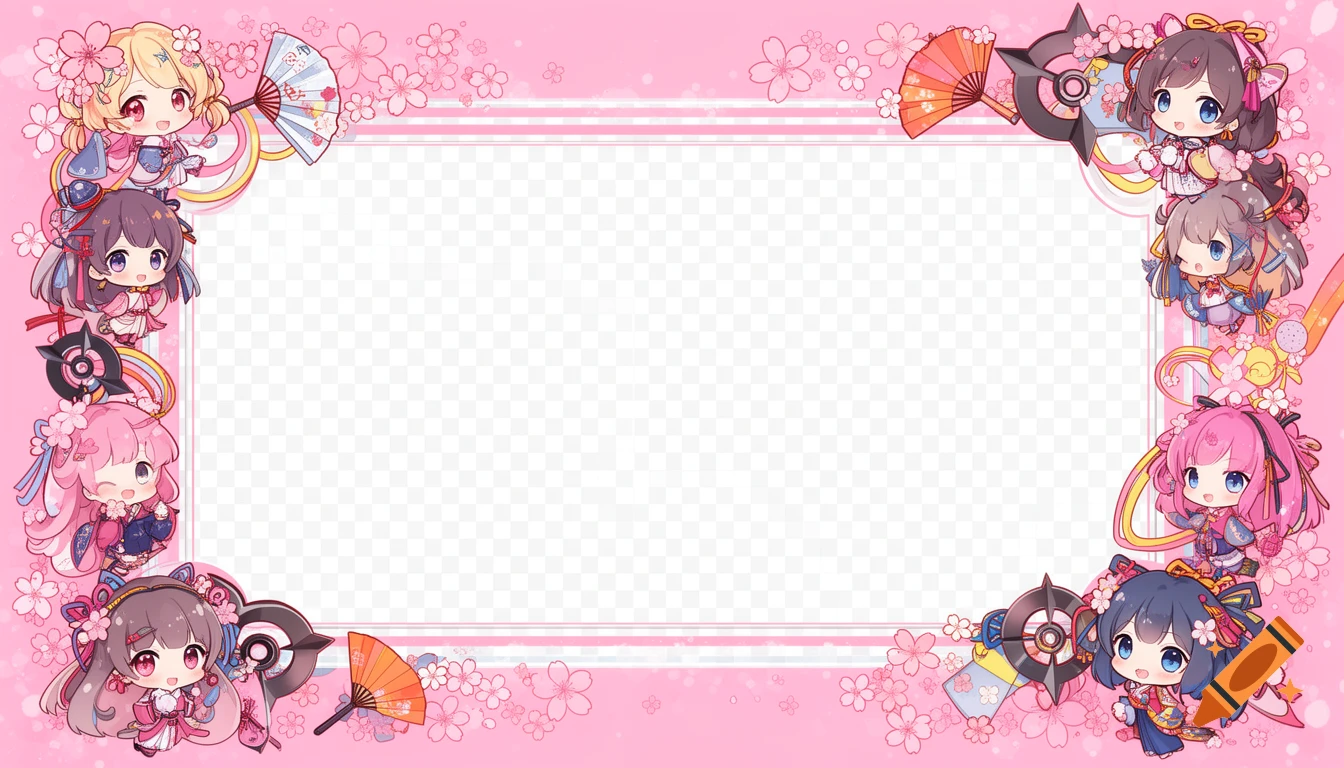 Pink anime-themed stream border featuring chibi girls, cherry blossoms, and traditional fans, with a transparent center.