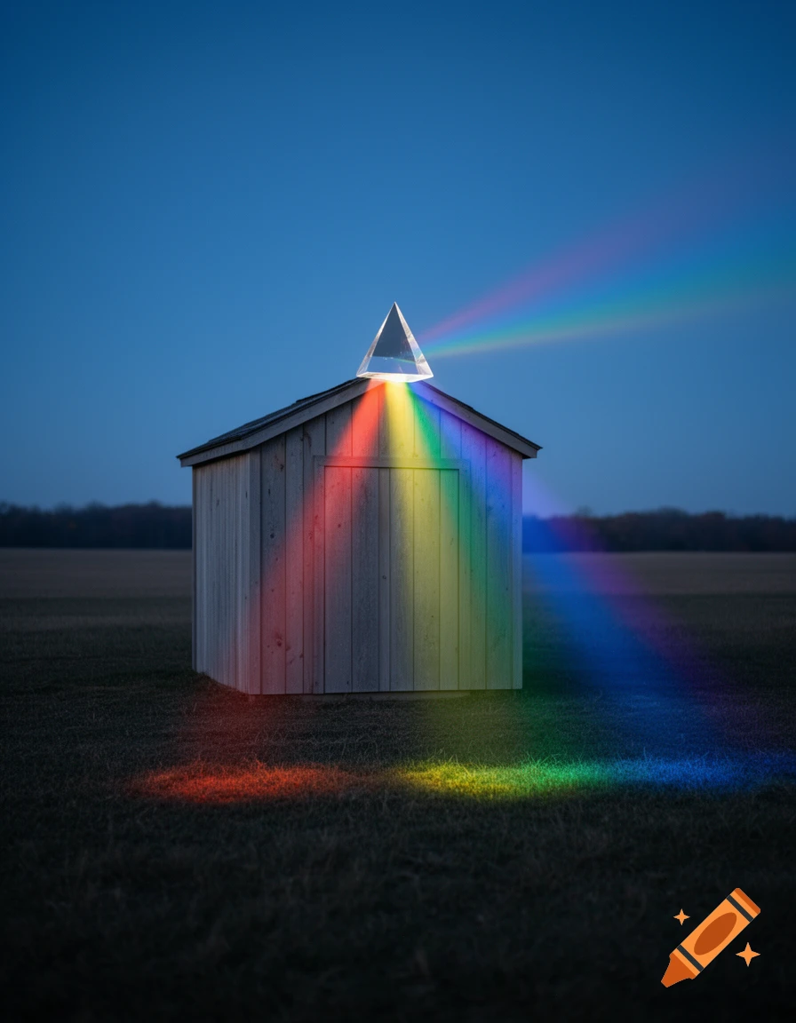A small wooden shed in a dark field with a prism on its roof refracting light into a rainbow spectrum on the shed and ground under a twilight sky.