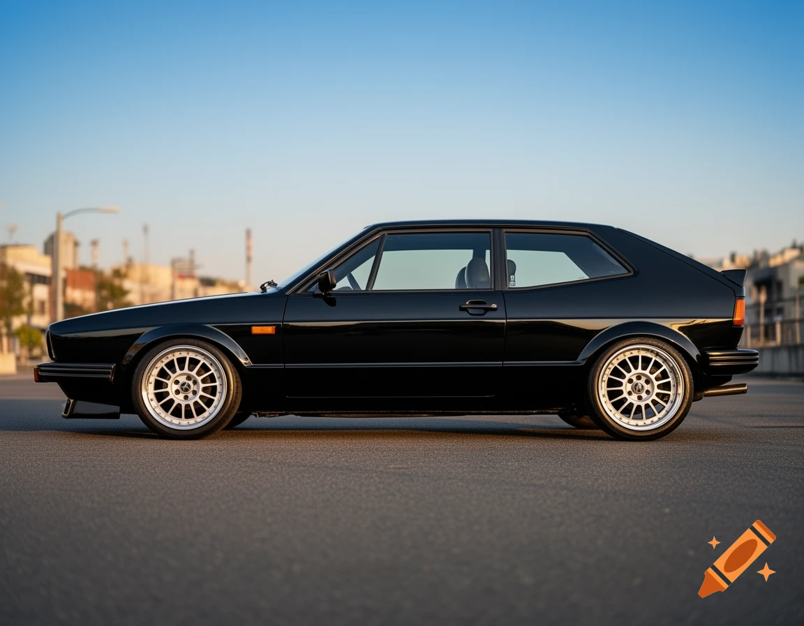 A black, lowered Volkswagen Scirocco Mk2 with silver multi-spoke wheels parked on asphalt, side profile, under a clear sky.