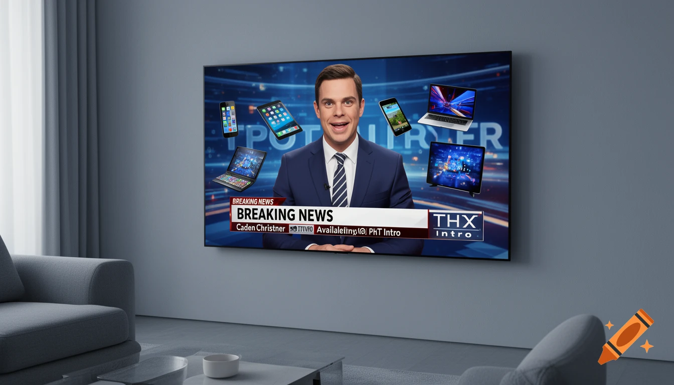 A news anchor on a large TV screen in a modern living room, surrounded by floating phones, tablets, and laptops.