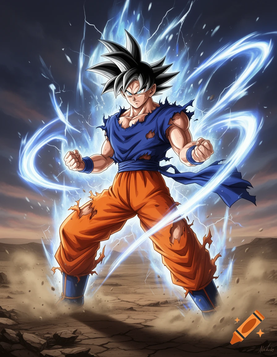 Goku in Ultra Instinct, with torn blue shirt and orange pants, black hair with silver highlights, surrounded by blue energy in a desolate landscape, anime illustration.