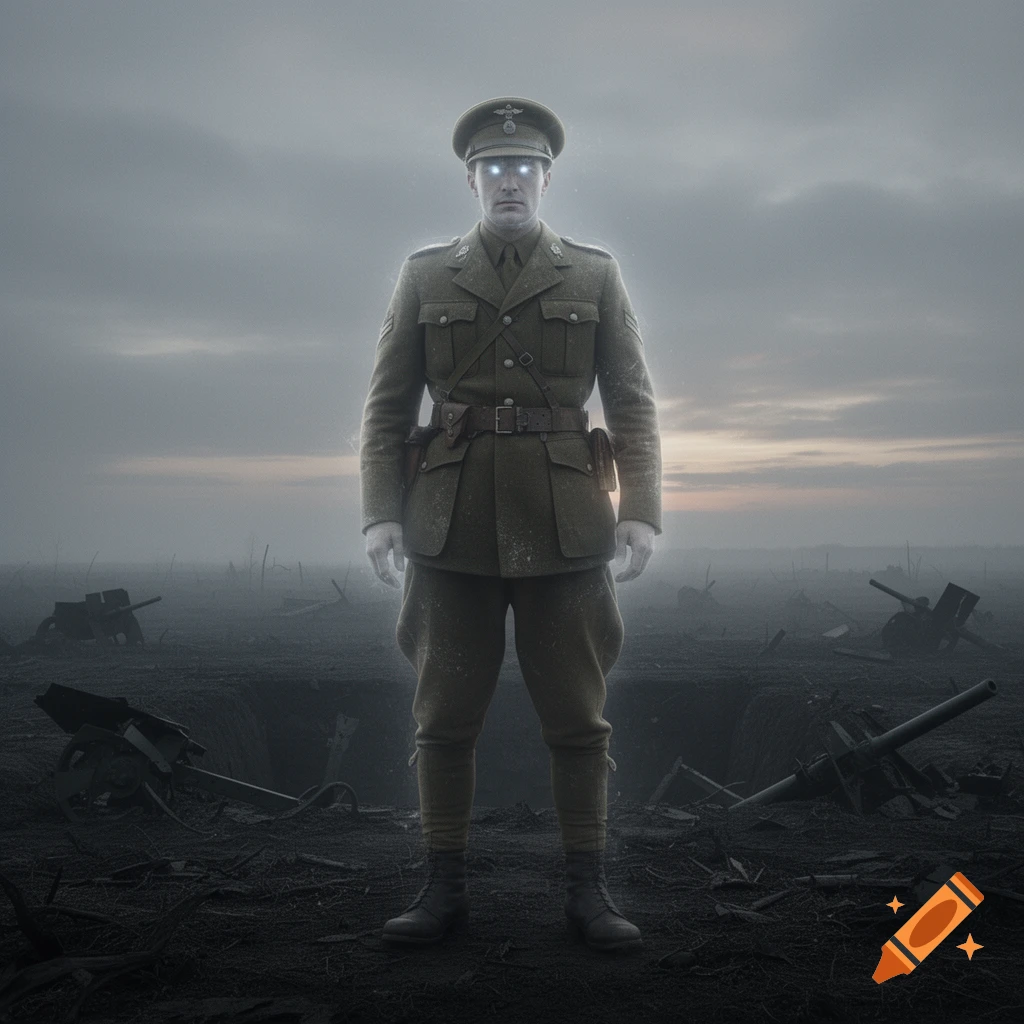 A ghostly soldier with glowing eyes and a pale aura stands in a desolate, foggy, war-torn battlefield.