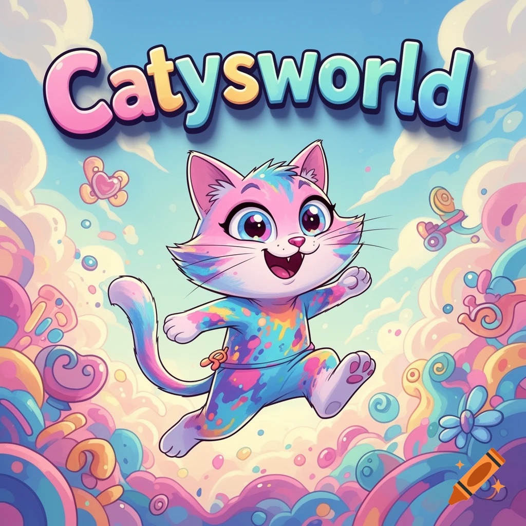 A vibrant cartoon cat with pink, blue, and yellow fur runs happily in a colorful, whimsical world under the title Catysworld.