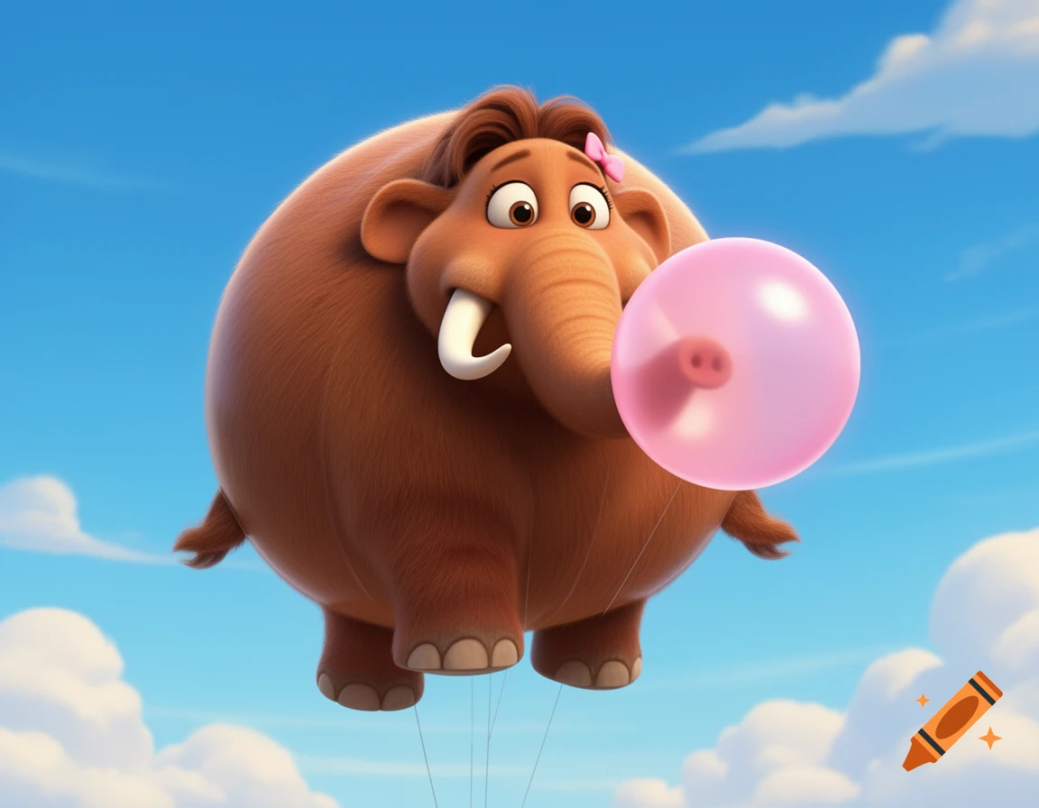 A round, inflated cartoon mammoth, Ellie, floats in a blue sky with clouds, blowing a large pink bubblegum bubble.