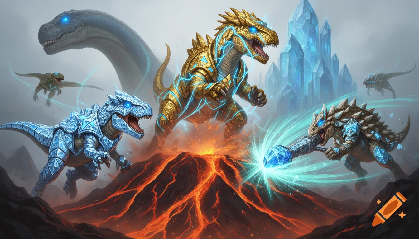 Fantasy art of armored, glowing dinosaurs battling around a volcano and a crystal fortress, featuring a gold King Dragon.