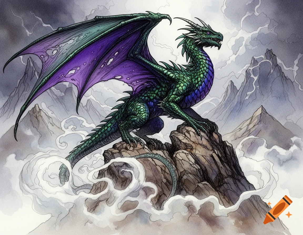 A majestic green and purple dragon, rendered in a watercolor and ink wash style, perched on a craggy rock outcropping among misty mountains.